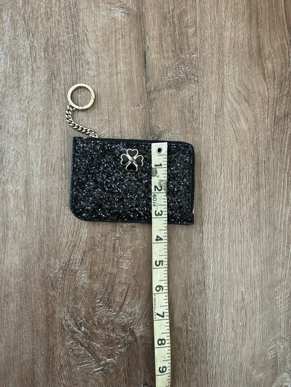 Kate Spade NWT Black Glitter Zip Cardholder with Clover Charm - Picture 5 of 5